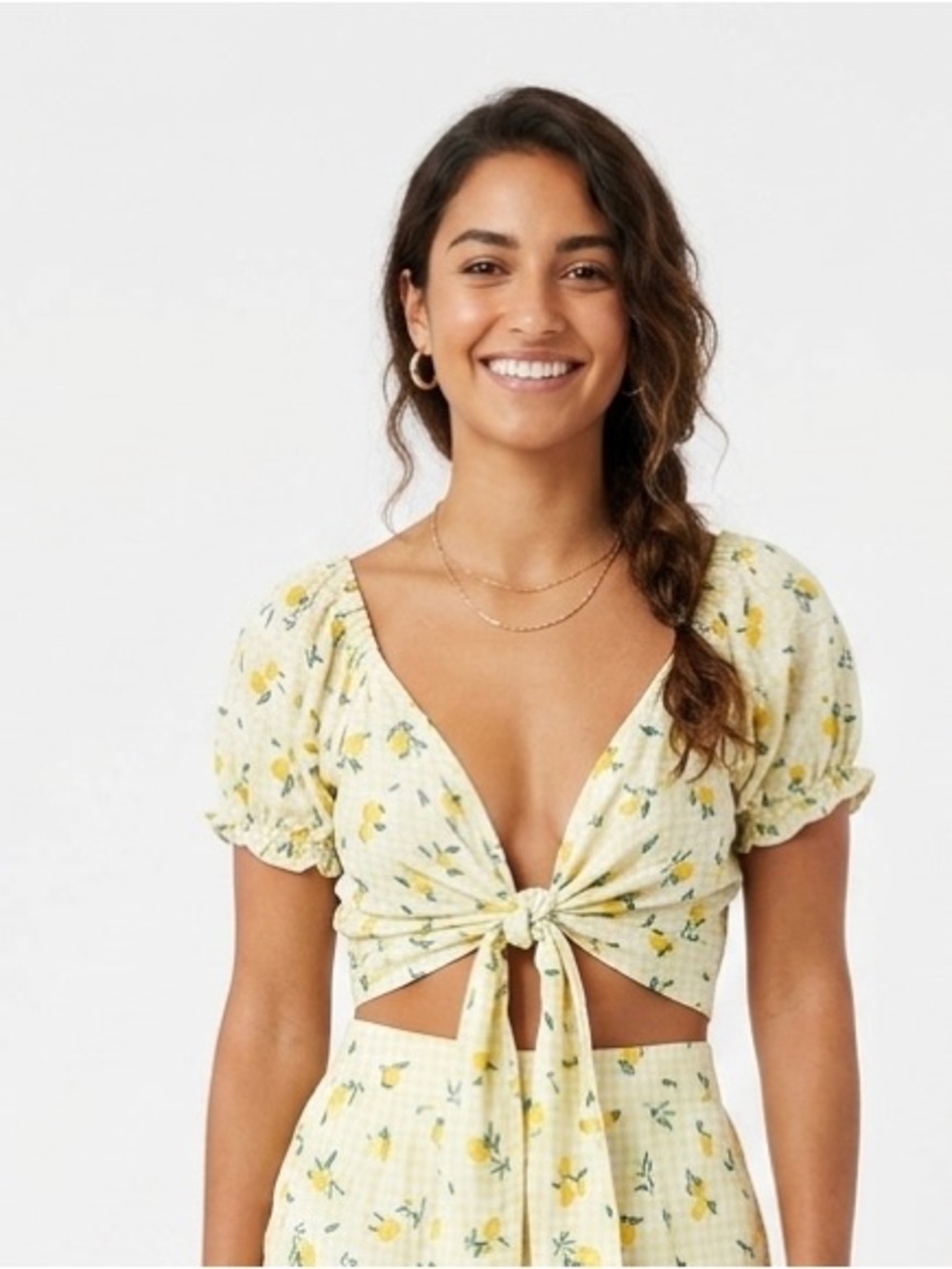 Bond-Eye Australia Lemon Print Front Tie Puff Sleeve Crop Top Size XS Beach Surf